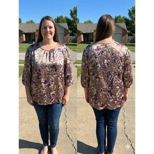 CJ Banks Top Womens 3X Brown Purple Paisley Floral Satin Blouse 3/4 Sleeve Plus